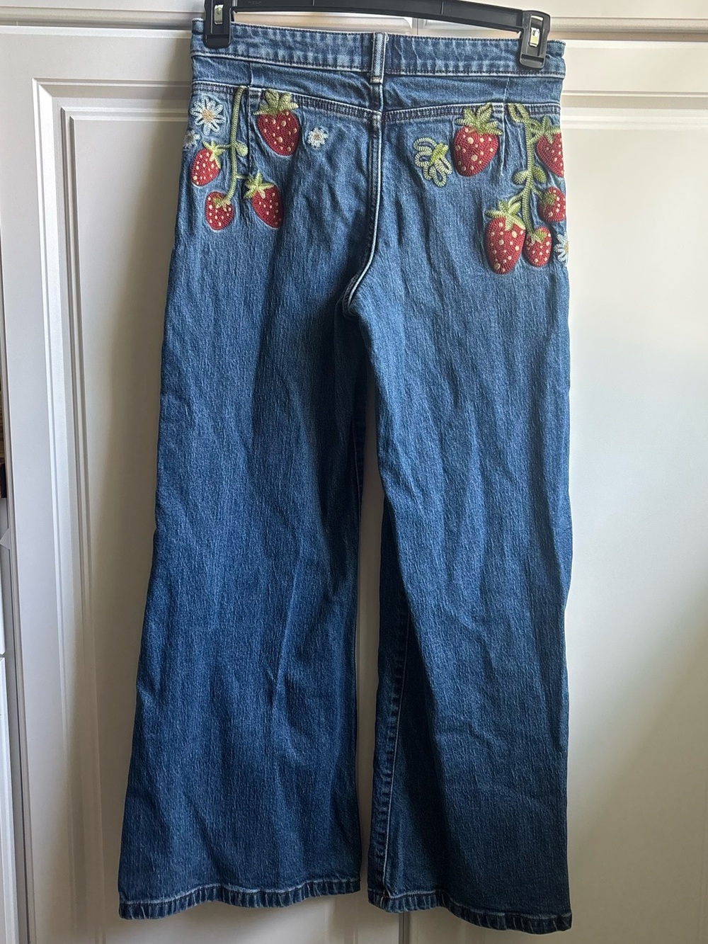 Maeve Anthropologie Women’s Denim Wide-Leg Jeans Strawberry Floral Embroidered